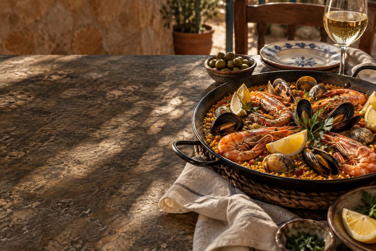 Paella de marisco servida en una mesa con luz mediterránea